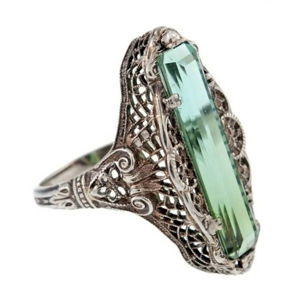 Retro Hollow Green Topaz Antique Silver Filigree Ring - Picture 2 of 7